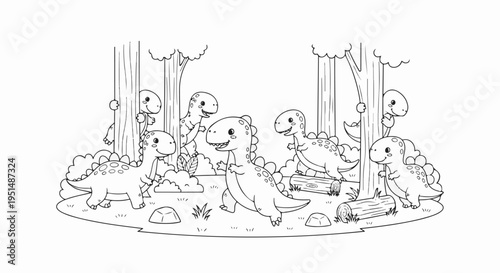 A playful scene of cartoon dinosaurs and trees in a forest clearing