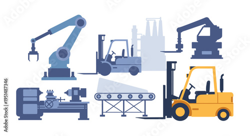 Industrial Automation & Logistics Equipment: Robotic Arms, Forklifts, Lathes, Conveyor Belt. Factory & Manufacturing Technology Vector Icons.