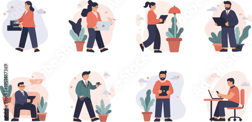 Stylized business people using technology and plants in office environments