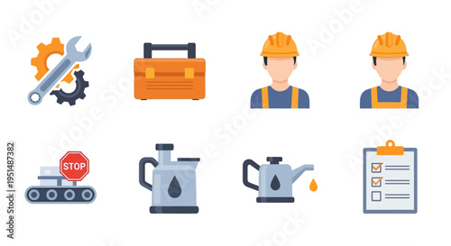 Industrial Maintenance & Engineering Icons: Tools, Workers, Factory, Safety, Quality Control & Production