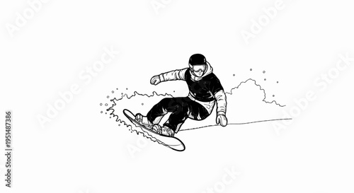 Sketch of a snowboarder in action, kicking up snow and spray