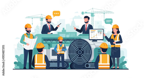 Engineering & Construction Team Meeting on Project Management. Industrial Workers & Managers Collaborating on Development with Heavy Machinery.