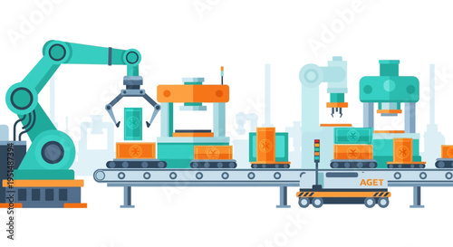 Automated Production Line with Industrial Robots & Conveyor Belts. Smart Factory for Modern Manufacturing, Industry 4.0 & Digital Transformation.