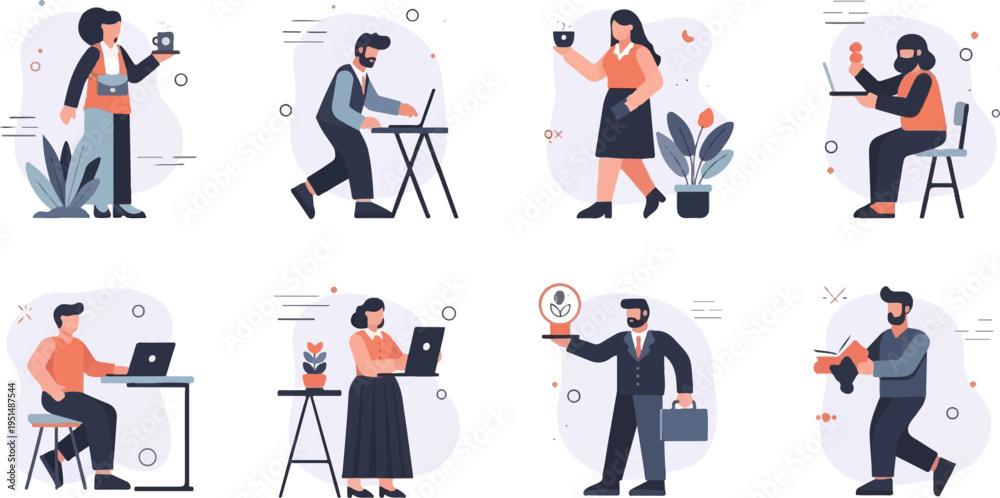 Fototapeta premium Stylized people with laptops, coffee, and plants in a modern office setting