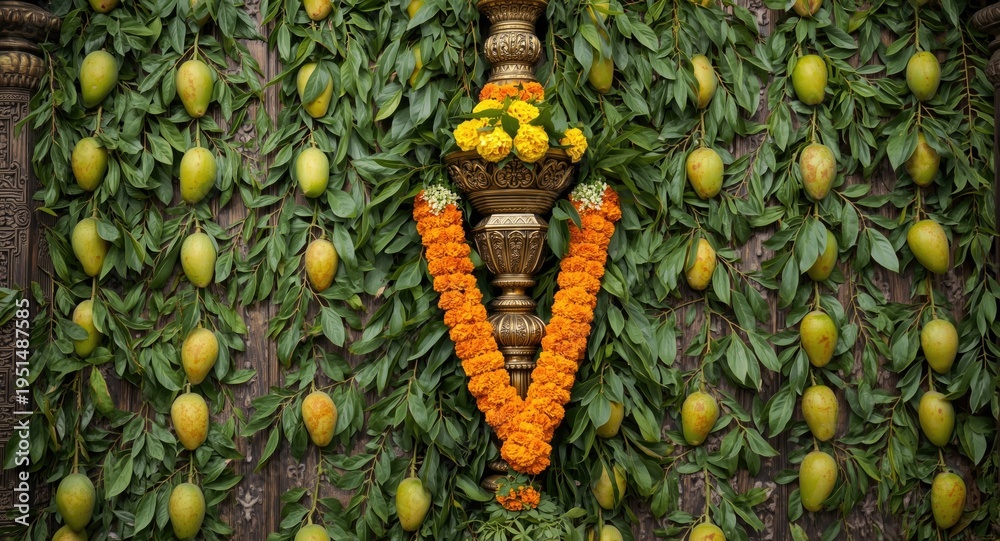 Obraz premium Ornamental Indian marriage door featuring fresh mango leaves and bright marigold flower decor