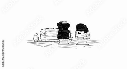 Minimalist ink sketch of layered rock formations in water