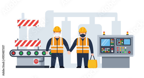 Factory Workers in PPE and Face Masks at Modern Manufacturing Plant. Emphasizing Industrial Safety, Production Operations, and Teamwork.