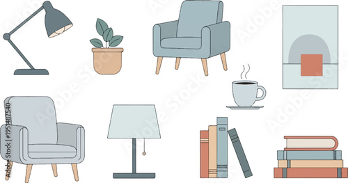 Cozy home interior elements chairs, lamps, books, plant, and coffee