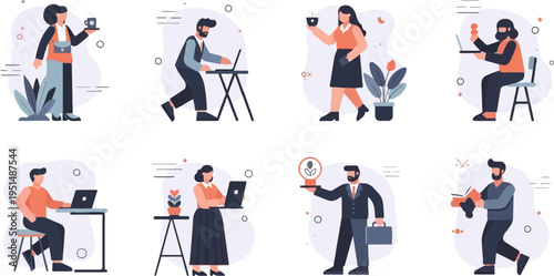 Stylized people with laptops, coffee, and plants in a modern office setting