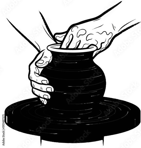 Hands shaping clay on a spinning pottery wheel to create a vessel