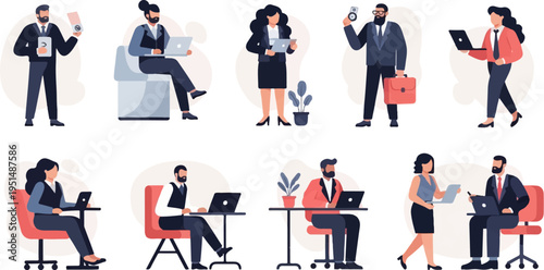 Diverse group of professionals engaged in office work and business activities