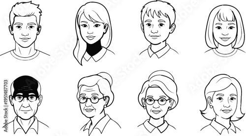 Diverse group of people in a stylized black and white portrait collection