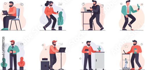 Diverse individuals engage in various office and casual work activities, utilizing technology and plants