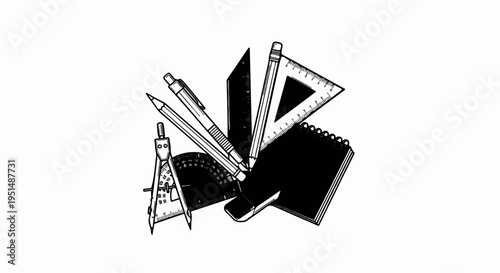 Drawing instruments compass, pencils, protractor, rulers, and notepad
