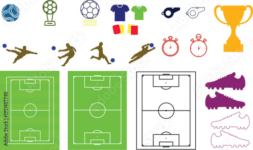 Soccer football icon set with players, field layout, ball, trophy, referee cards and equipment, sport symbols in solid and outline style vector collection isolated on transparent background