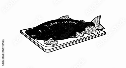 Whole fish with lemon slices served on a cutting board