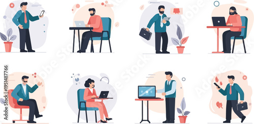 Diverse individuals engaged in modern work activities with digital devices and plants