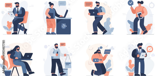Diverse individuals engaged in modern work and communication activities