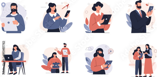 Diverse individuals engage with digital devices, illustrating modern connectivity and tasks