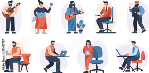 Diverse individuals engaged in various activities music, work, and leisure