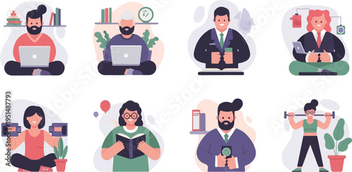 Diverse individuals engaged in varied activities, including work and leisure