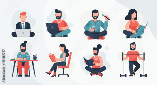 Diverse individuals engaged in various activities like working, reading, and exercising