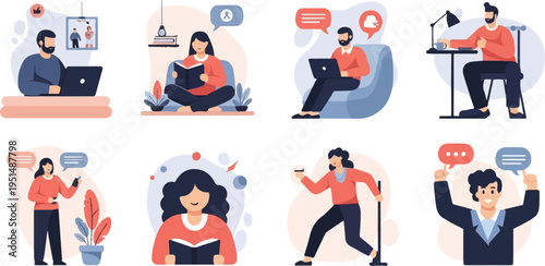 Diverse individuals engaged in various daily activities and remote work