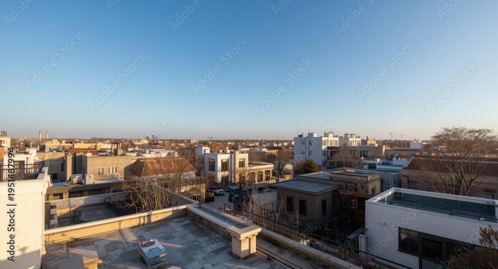 Fototapeta premium Fictional elevated city view with sunlit rooftops and clear blue sky