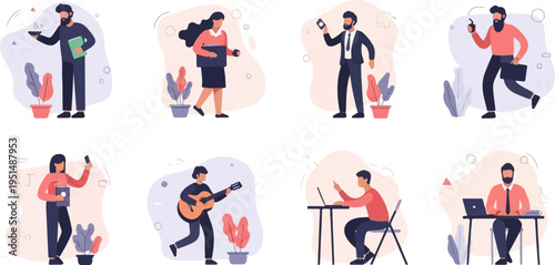 Diverse people engaged in various daily activities, from work to leisure