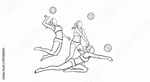 Dynamic line art depicts women playing volleyball in various actions
