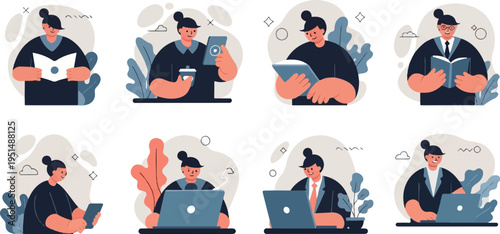 Eight diverse illustrations of people engaged in work and leisure activities