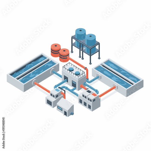 Isometric Industrial Water Treatment Plant with Tanks and Pipes.