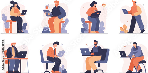 Diverse individuals engaged in remote work and online activities using laptops