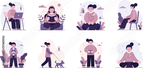 Eight diverse scenes of a woman engaged in peaceful, everyday activities
