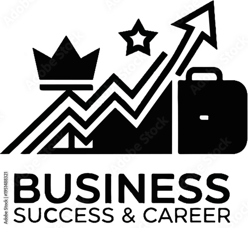 Icons of success crown, rising chart, briefcase, and stars