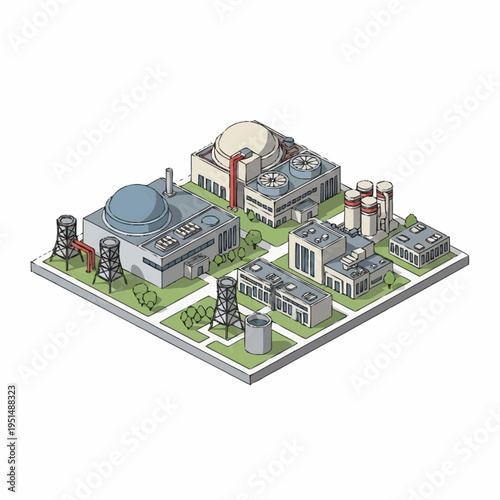 Isometric illustration of a nuclear power plant complex with multiple buildings and cooling towers.