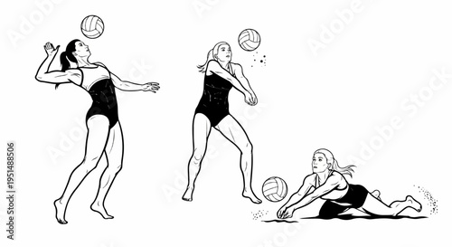 Three women playing beach volleyball, one serving, one passing, one diving