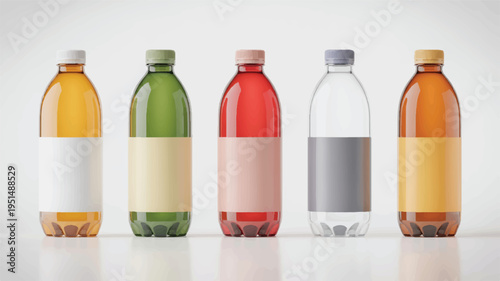 Row of five plastic beverage bottles with blank label areas, showing different liquid colors and caps
