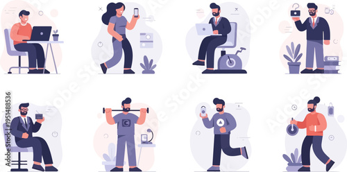 Diverse individuals engaged in various activities work, exercise, and mobile use