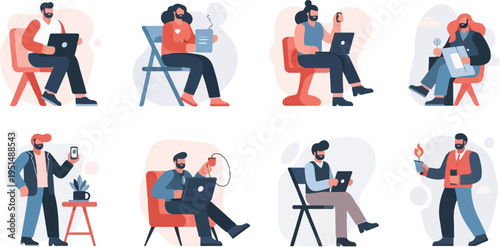 Diverse individuals engaged in various activities using technology and enjoying beverages