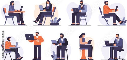Diverse individuals working on laptops in various seated and standing postures