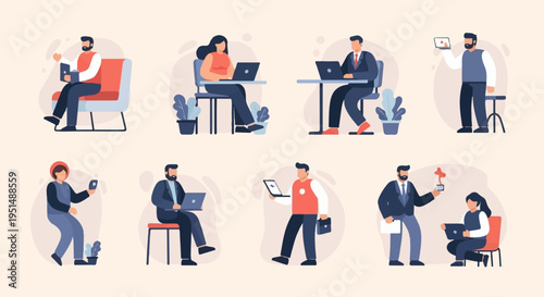 Diverse individuals engaged in various work and leisure activities with technology