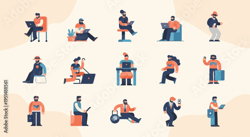 Diverse individuals engaged in various work-related activities using technology