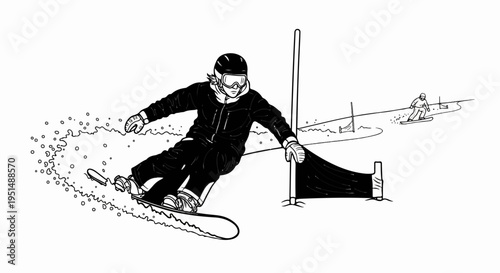 A snowboarder in a black suit carves a turn, kicking up snow and spray