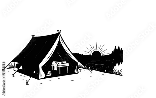 A tent with a massage table inside, set against a sunrise over water and trees