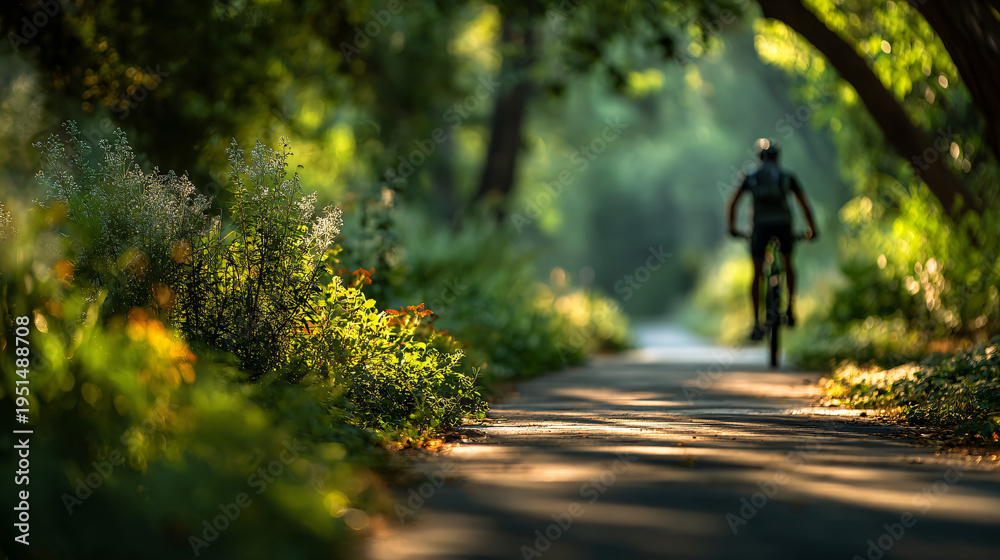 Obraz premium person riding bicycle under lush green trees, sunlight blurred into vibrant bokeh, active summer concept