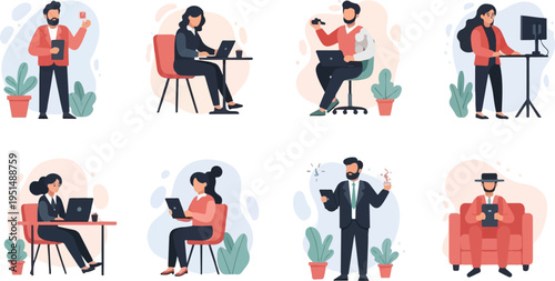 Diverse individuals engaged in various work activities, utilizing technology