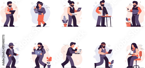 Diverse individuals engaged in various digital tasks, some with laptops