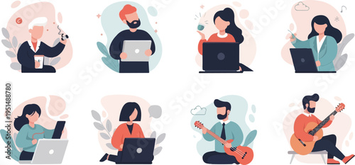 Diverse people engaged in various modern activities, including work and hobbies