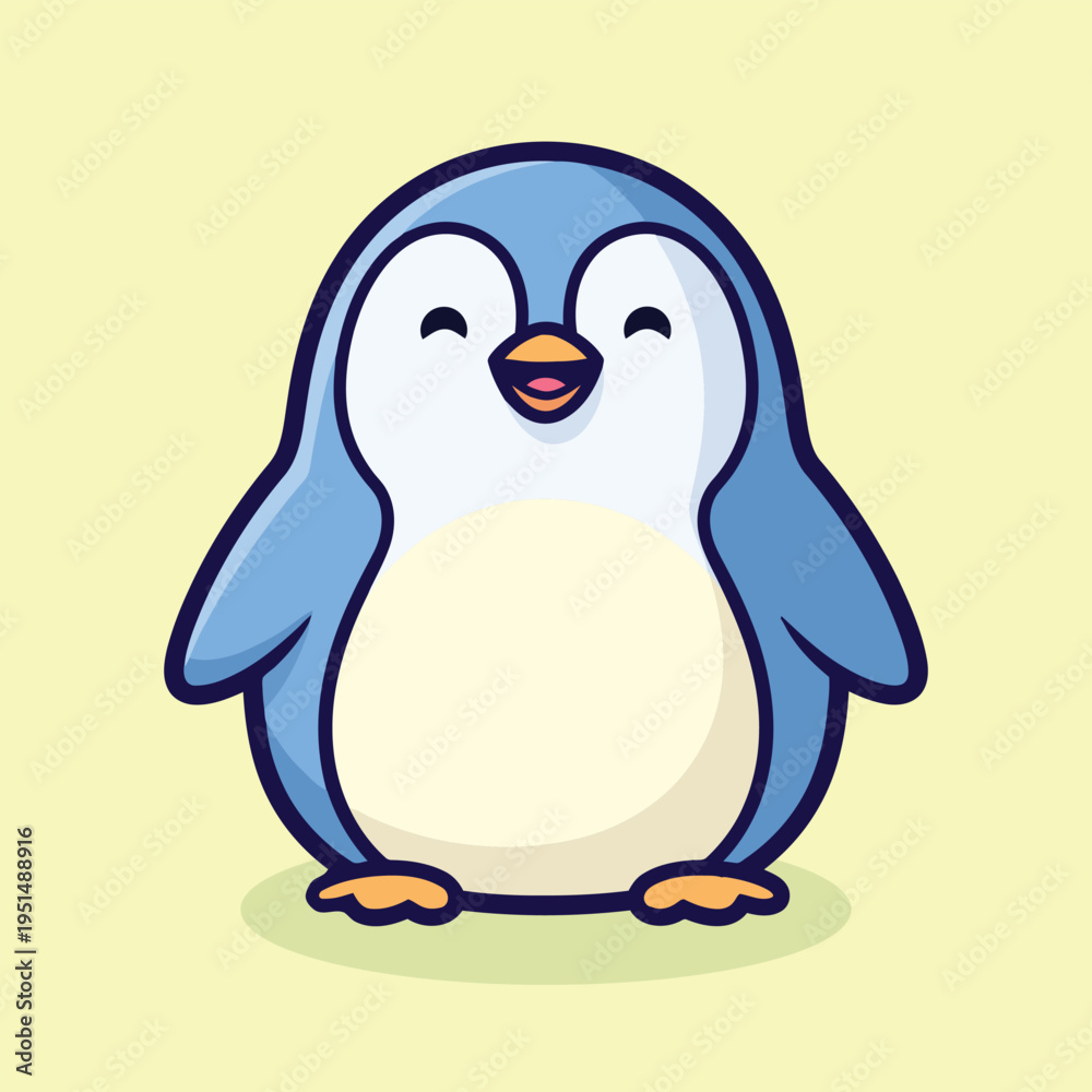 Fototapeta premium Vector illustration of cute cartoon penguin standing on green background with happy expression